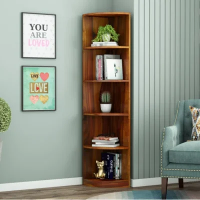 Open style wooden bookshelf by Royal Sheesham with modern design and multiple shelves for books and decorative storage