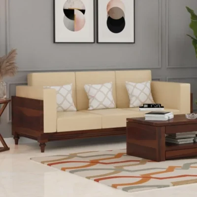 Royal Sheesham Elegant Solid Sheesham Wood Living Room 3 Seater Sofa with Cushion