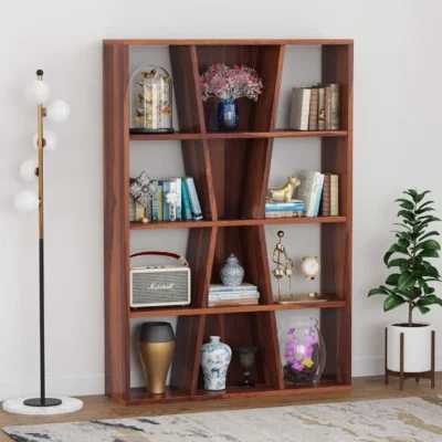 Wooden bookshelf for online shopping by Royal Sheesham with spacious storage shelves for books, decor, and home organization