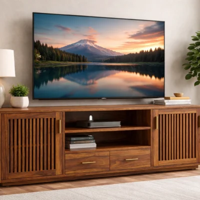 solid sheesham wood tv unit with storage drawers