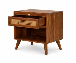 Sheesham Luxe Cane Bedside Table with Storage Shelf - Image 2