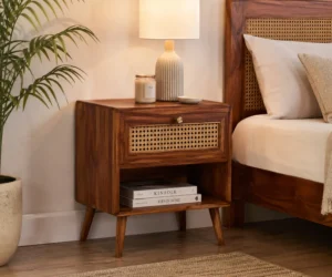 Sheesham Luxe Cane Bedside Table with Storage Shelf