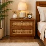 Solid Sheesham Wood Cane Front Bedside Unit