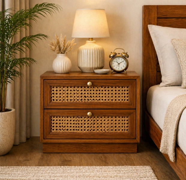 Solid Sheesham Wood Cane Front Bedside Unit (1) Solid Sheesham Wood Cane Front Bedside Unit - Image 1