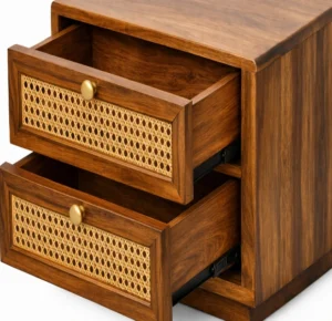 Solid Sheesham Wood Cane Front Bedside Unit - Image 5