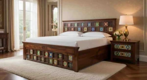 Solid Sheesham Wood King Size Bed with storage boxes for bedroom.