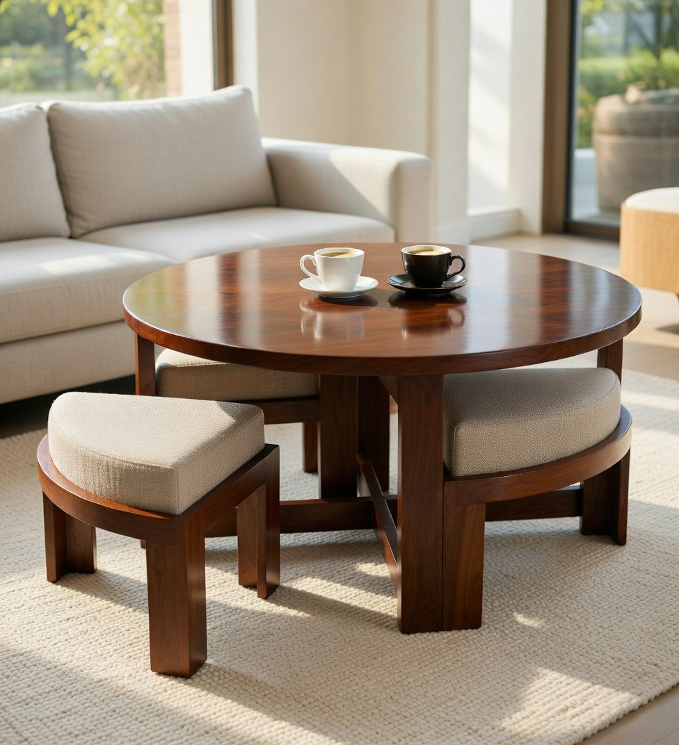 Heritage smart solid sheesham wood coffee table with hidden seating stools Heritage smart solid sheesham wood coffee table with hidden seating stools for living room