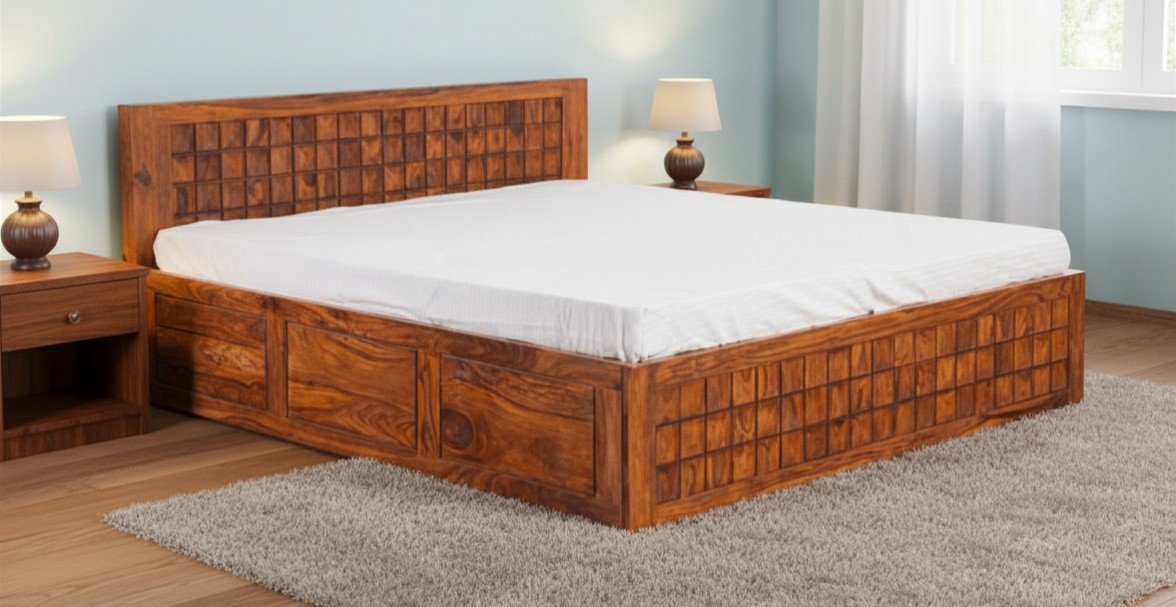 Heritage Solid Sheesham Wood Designer Bed With Storage Heritage solid sheesham wood designer king size bed with storage for luxury bedroom