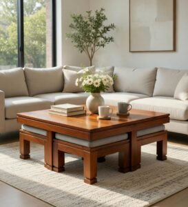 Shahi Smart Solid Sheesham Wood Coffee Table with 4 Hidden Stools - Image 2
